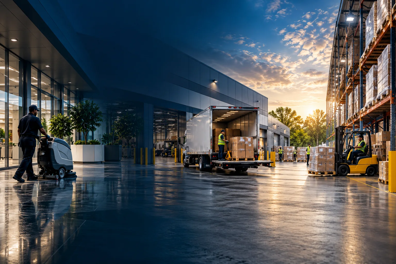 Active commercial facility with cleaning equipment, freight deliveries and warehouse operations